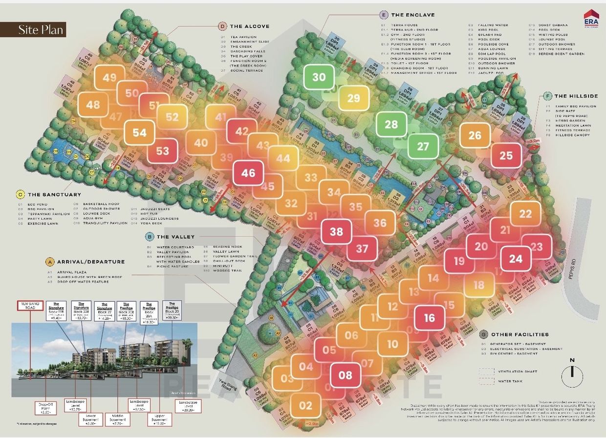 Terra Hill availability heat map over the site plan, colour coded by remaining units per stack